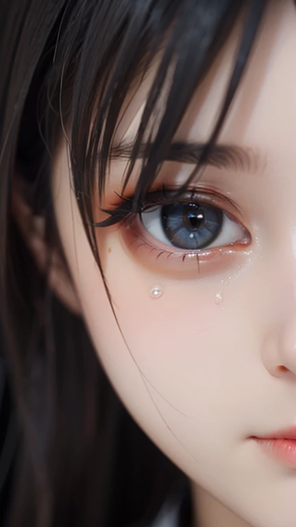 She is looking straight ahead and tears are crying on her face realista