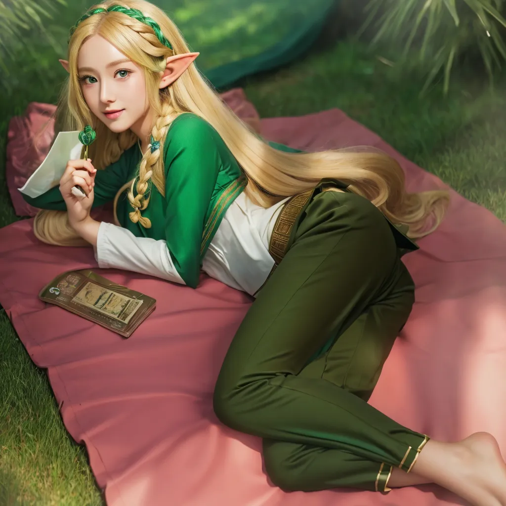 best qualtiy、masterpiece、girl with、masterpiece, elf girl, forest, vines and flowers all over body, forest, crouched dynamic pose, blonde, shiny golden butterflies