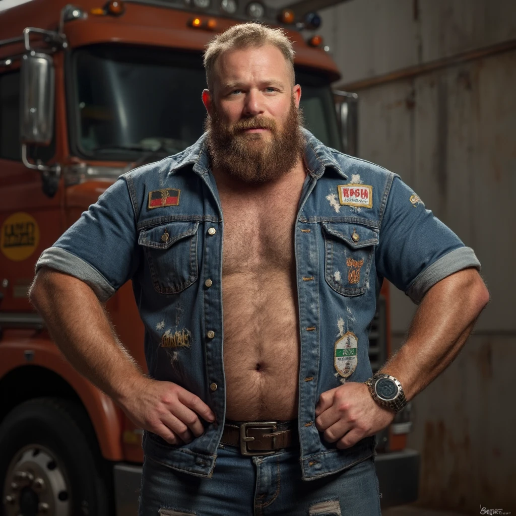 A stunning portrait photograph featuring a red-bearded man with a short spike haircut, showcasing his athletic build. He stands proudly in front of his customized, badass classic 1943 Dodge Power wagon Truck in a garage setting. The car is adorned with unique modifications and a dark, menacing color scheme. The background is dimly lit, highlighting the subject and the vehicle, creating an aura of strength and style., fashion, photo, portrait photography, product