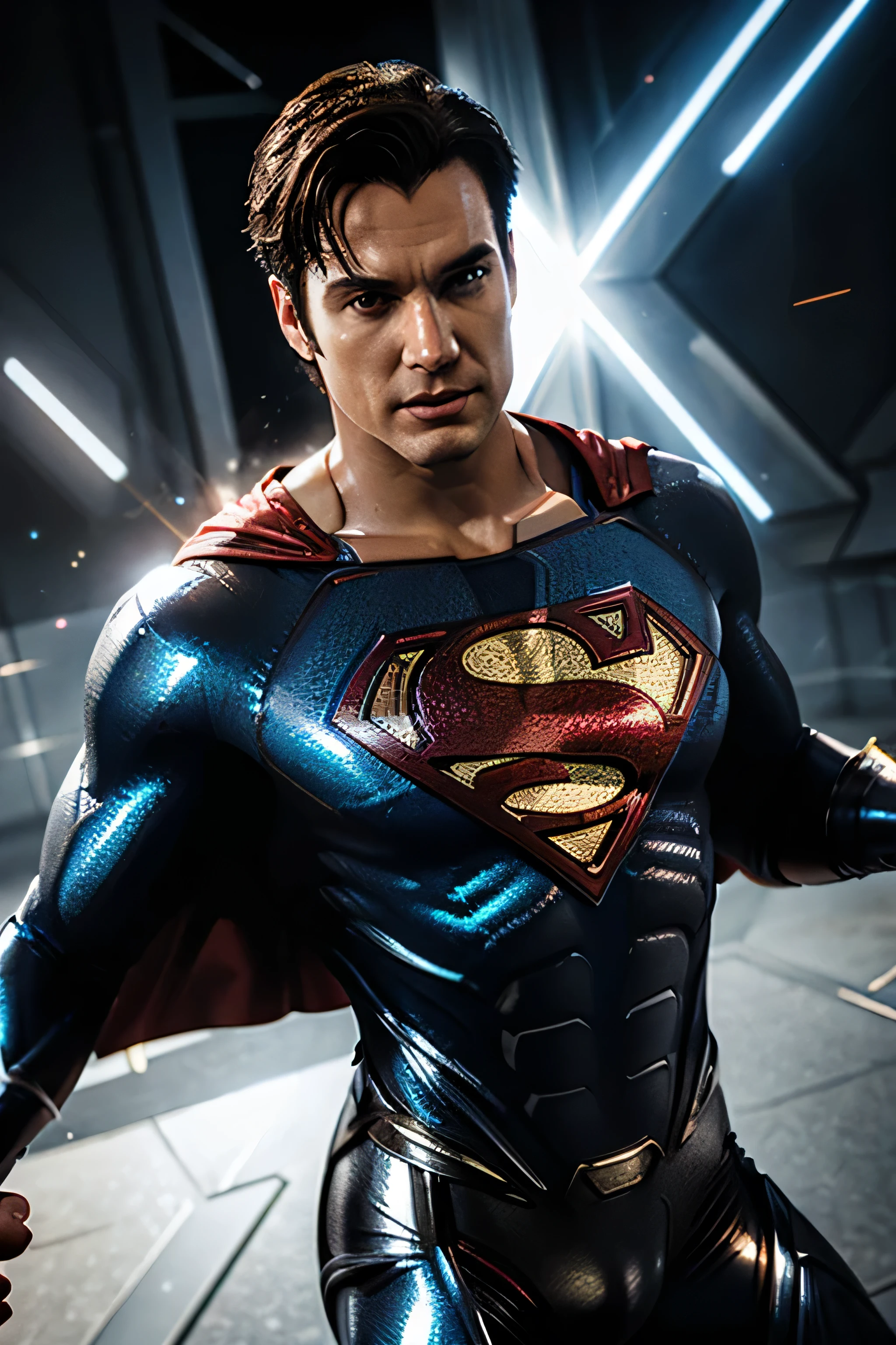 ((masterpiece)), ((best quality)), NVIDIA RTX, intricate details, cinematic lights, reflection lights details, Chris Hemsworth as Superman, futuristic Superman suit, full body