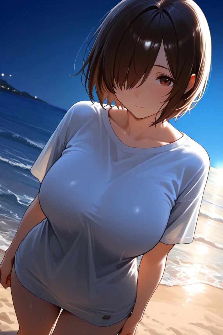 NSFW,1girl in, Short messy hair,
(Best Quality, hight resolution, 4K, Detailed Lighting),
(white T-shirt), sweat,
Smile, blush, Open mouth,
areolae,
at noon, beach, cloud, sunshine,
From below, POV,