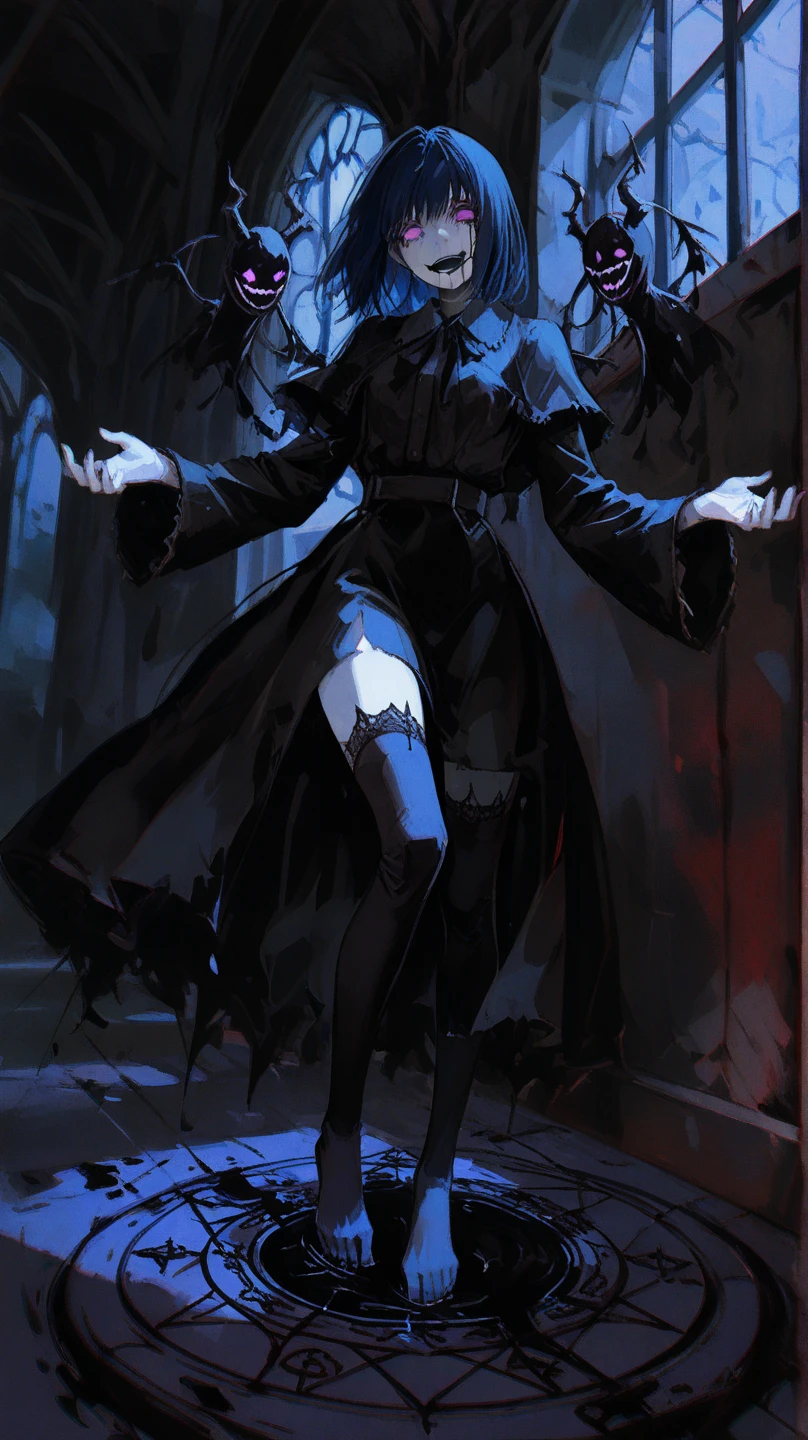 Mavis_dracula, full body, pantyhose, huge breast, pants, goth, long dress, black hair, flip flips, smile, long robe, skirt, victorian clothing