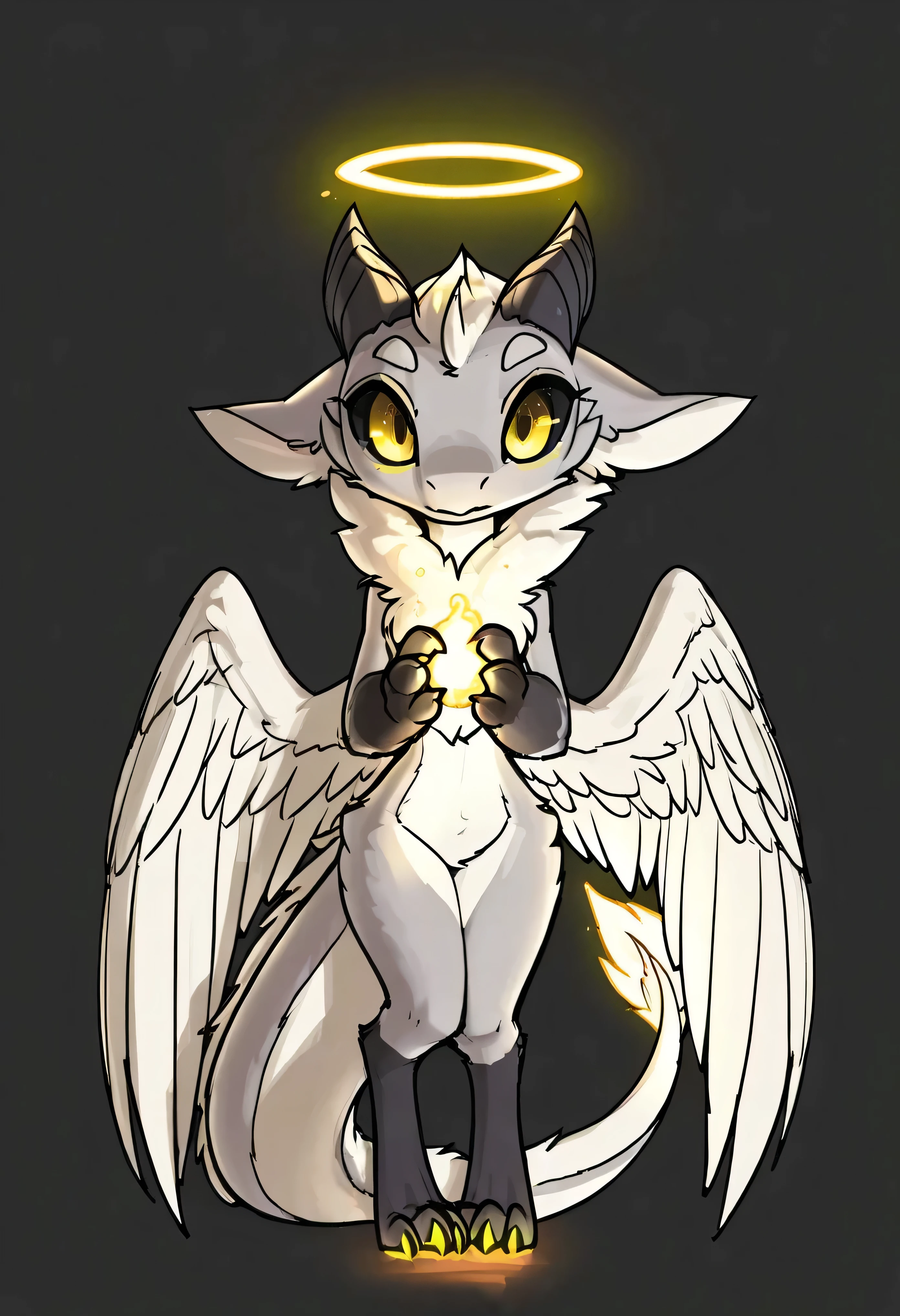 [Furred Dragon - Trendy] [Model-Test*] - by kluclew, by feretta, 2d, sketch, solo, female, dragon, chibi, furred_dragon, angel_wings feathered_glow super_fluffy, dragon tail, scales_belly, black digitigrade paws (three toes) (four fingers), gray_fur, white_ur, head_tuft (no hair), horns, black_sclera, yellow_eyes, halo, timid, knees together, crawl, on all_four, soft paw, glowing claws,