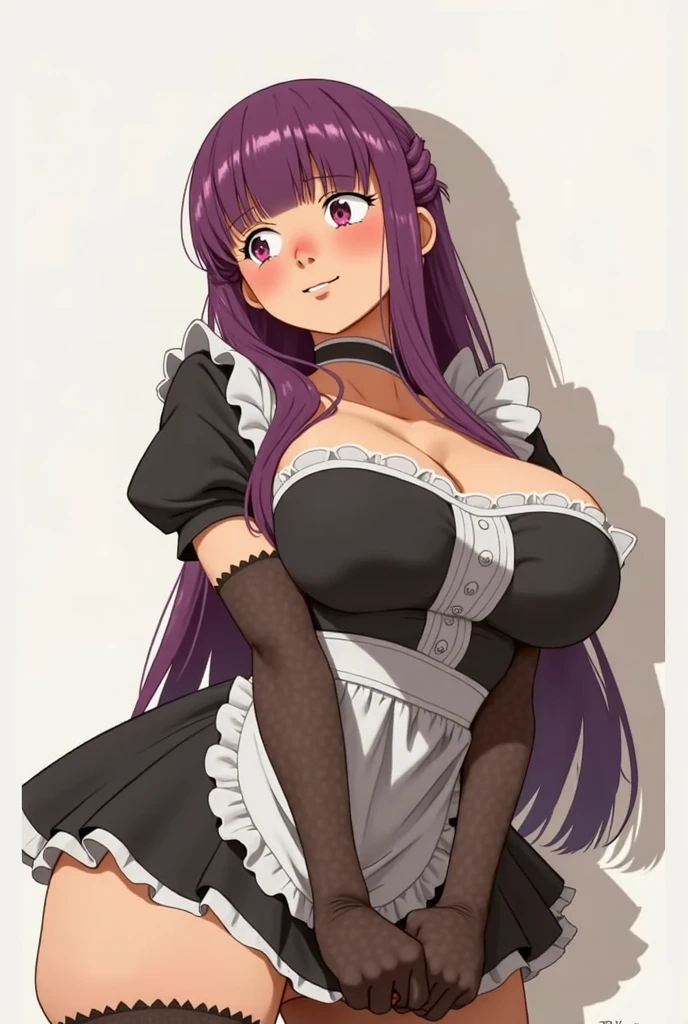  ((bangs)),((((dark-skinned:1.4)))), (long hair), (plump lips), (full lips), (full lips), (oval glasses), solo, (purple hair), ((long hair)), ((((curly hair)))), (huge breasts) ((light purple eyes)), ((siren eyes)), ((cleavage)), ((thick thighs)), ((((wide hips)))), ((thick)), (((curvy))), ((thighhighs)), ((lace)), super detailed, ((indoors)), girl room, ((goth)) room, hearts, ((hearts in the air)), pink hearts, sparkles, ((smiling with her teeth)), light blush, white shirt, ((see-through shirt)), (nipples), ((black skirt)), ((close up))