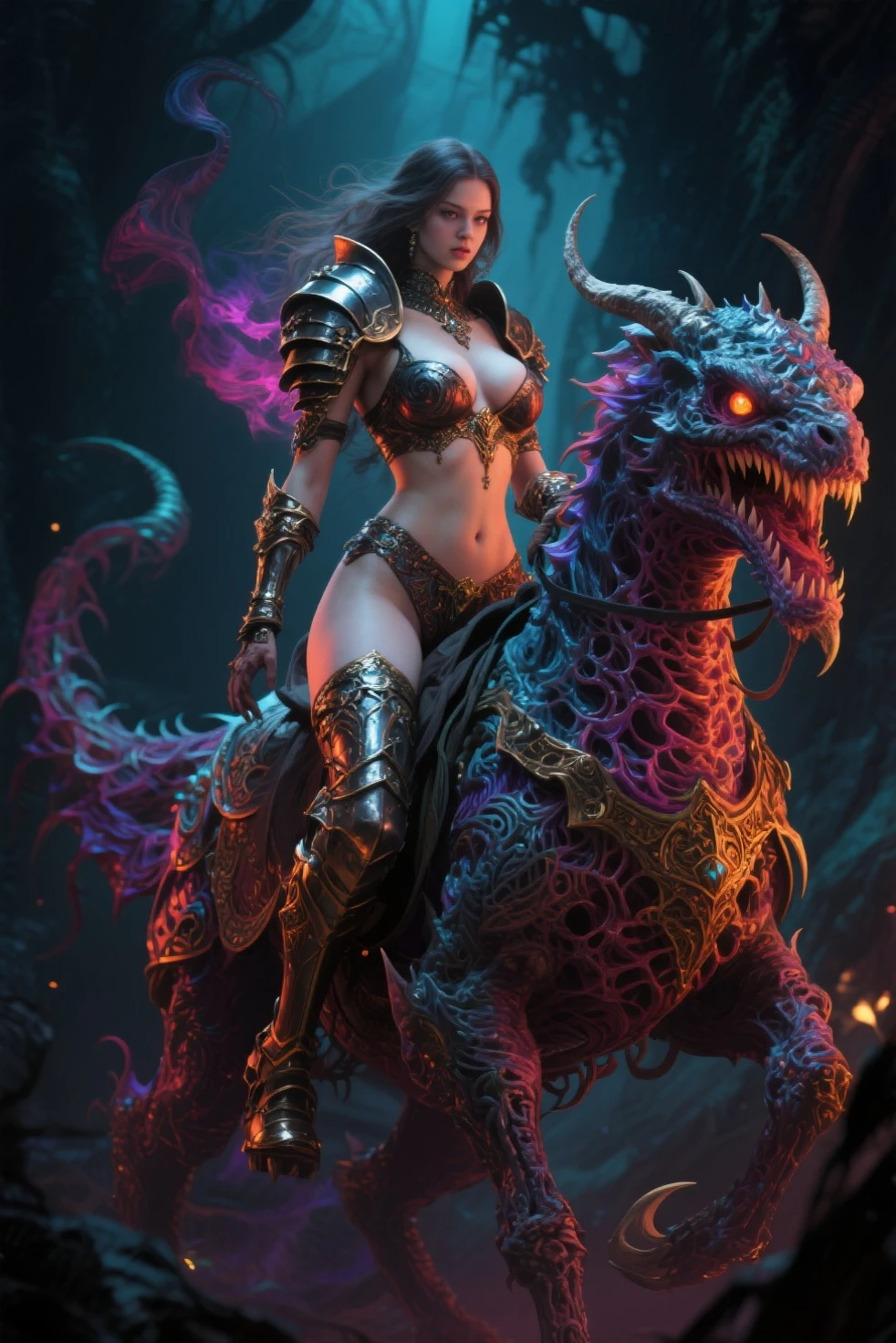 ((World of Darkness))、Professional , ​masterpiece、top-quality、photos realistic , depth of fields 、Beautiful Cyberpunk Woman Image,((World of Darkness)),（Dragon Blue Metal Body:1.1),(latex black-purple、（cleavage of the breast）（Fight dragons）、Mystical expression、Dragon Gold Weapon（(Random Hairstyles 1.5),Dark Fantasy,）、、（Red Micro Bikini Armor:1.４),Gorgeous gold weapons ,((((Particles of light))))、,Blood on the face,Blood Rain,Blood fog（blood splattere：1.4),,(（（ Dragon's dense and gorgeous sword）） , （demonic wings）、（（a blond））、（Castle background）、（（Gangle's forest background））、（（Fight dragons））、Beautiful Caucasian beauty、１a person、dynamic ungle,(((Detailed and ornate dragon helmet)))、(((Two demon horns grow on his head))),Smaller head、A smile、Castle background、Thin and beautiful female hands、cleavage of the breast、Soldier in iron armor on background、Mystical expression、Light Effects、intense fighting、Wind-effect、magic circles、With the legendary magic wand、Dragon's tail、explosions、Anatomically correct body、、((4 fingers,Thumb、Detailed hands and fingers,High-resolution hands and fingers:1.2)),