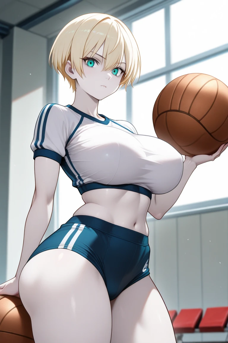 best quality, highres, and18, 1girl, android 18, solo girl, 1girl, blonde hair, blue eyes, (sexy basketball  uniform), basketball court, gold necklace, short hair, earrings, large breasts, classroom, blackboard, straight-on, , wet body, sexy smile, full length pantyhose, sitting on chair with open legs, camel toe
