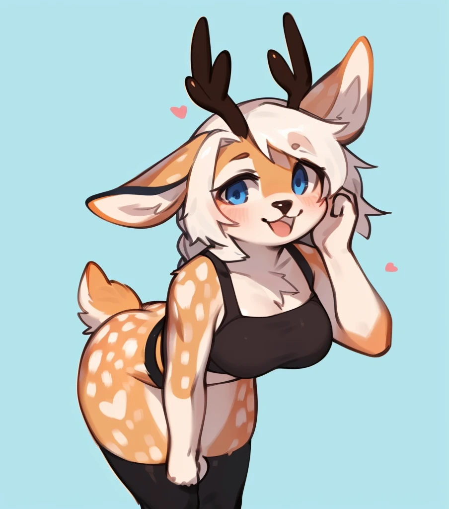 female anthropomorphic woman, Breasts covered and sfw. full body, white background. head of a robin, horns, legs of a deer, sexly, aroused, Nude