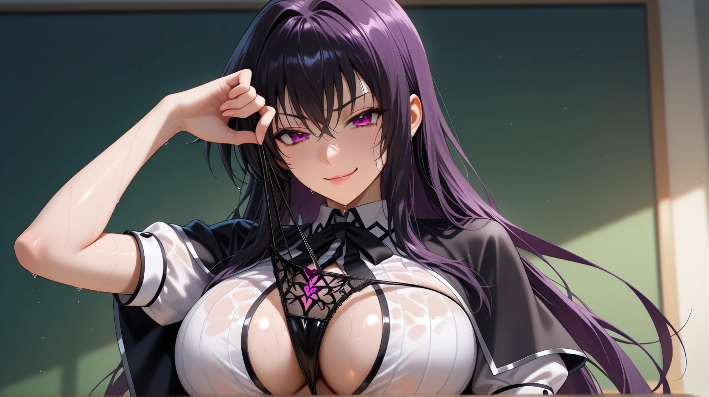 One sexy woman, Eyebrows visible through hair, Black Hair, hair ornaments, Hair Clip, Long Hair, View your viewers, Purple eyes, smile, alone, ((Dress shirt that shows cleavage)), Big Breasts , ((anime)) , Icon Style , Upper Body , Simple Background
