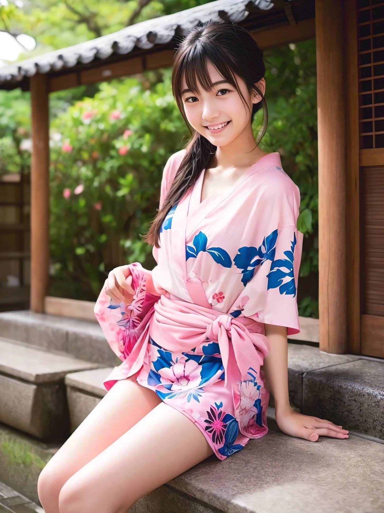 (Highest image quality, Highest image quality, Super A High Definition), (Raw photo, Realism 1.4), (flat chest), Fine skin, Fine face, Cute, AKB Girl, Girl in her 20s, Small breasts, Perfect Skin, thighs thighs thighs thighs, Medium Hair, Perfect, Brown hair, Brown eyes, Full body, Sitting on the steps of the pedestrian bridge, own hugging feet, knees up、 Glossy, ((Yukata)), Bright sunshine, Smile