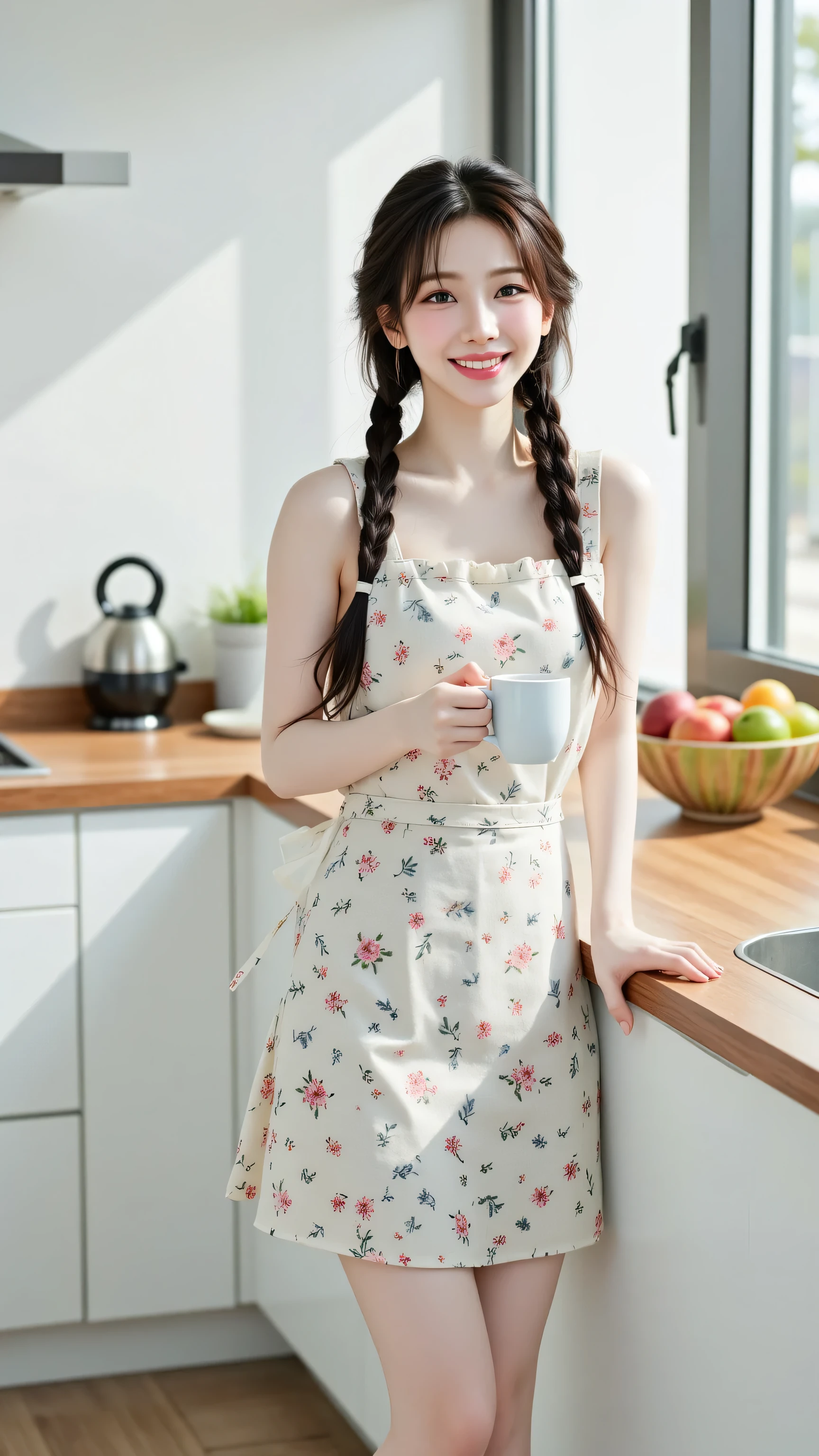 8k, Masterpiece, Top Quality, beautiful Korean woman, clear skin, practical cute braided updo, cheerful patterned cotton one-piece apron dress, knee-length, leaning against modern kitchen counter, holding mug of coffee, smiling happily, looking fresh and awake, bright morning sunlight streaming into kitchen, modern clean kitchen interior, white cabinets, stainless steel appliances, bowl of fresh fruit on counter, medium shot, capturing bright morning kitchen vibe.