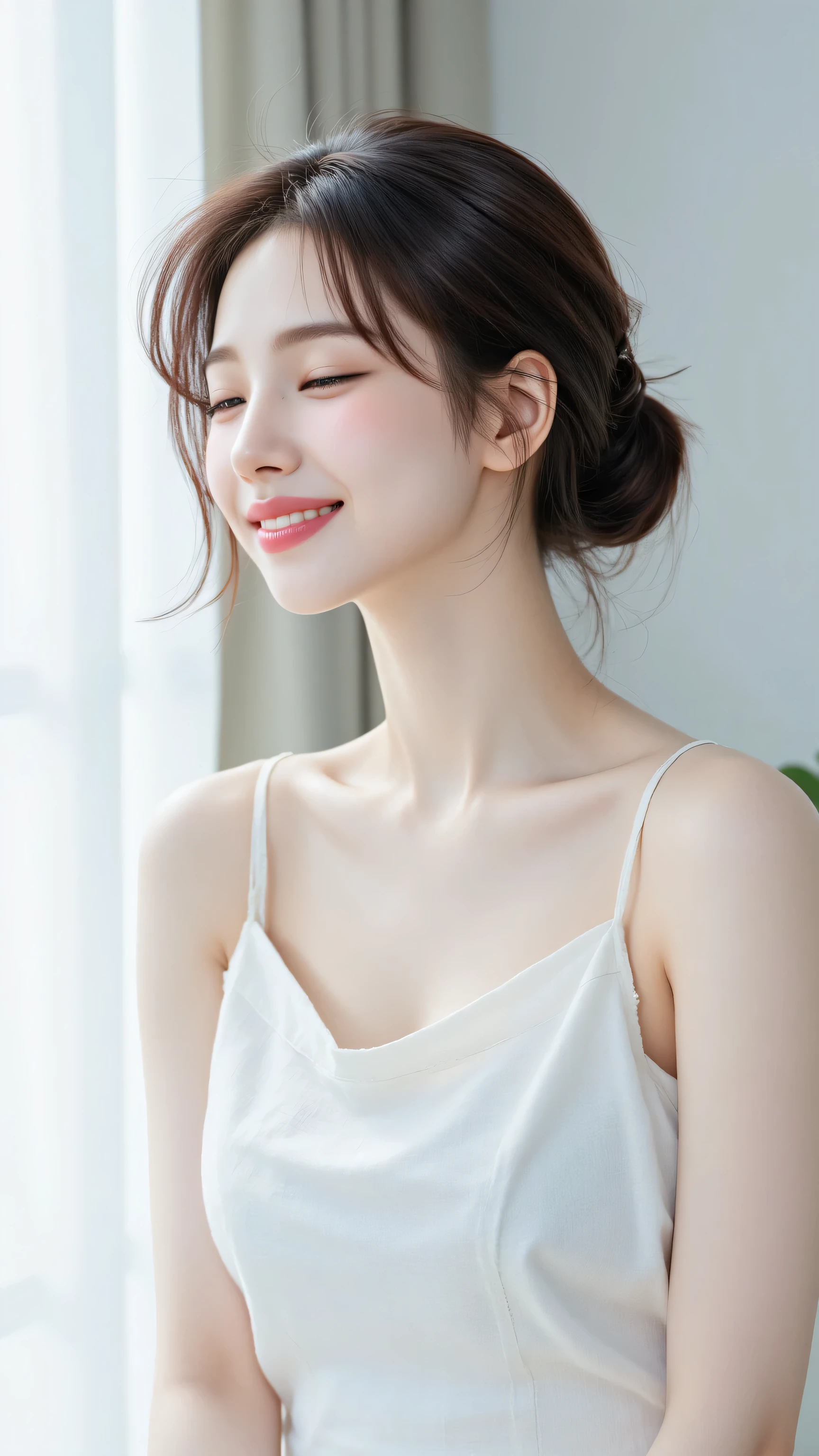 8k, Masterpiece, Top Quality, beautiful Korean woman, clear skin, minimalist sleek low bun updo, white linen one-piece dress, boat neckline visible, eyes gently closed, peaceful serene smile, head tilted slightly, enjoying calm moment, soft diffused bright light, tranquil mood, out-of-focus light textured wall background, close-up shot, serenity emphasized.
