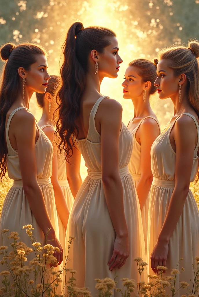 5 women with their backs turned, one thin with long, waist-length, black straight hair next to her, another thin woman with a bun of red hair next to her, a fat lady with pixie cut white hair next to her a thin woman with waist-length light brown half-curled hair next to her ,another fat woman with long curly hair all back to back in a beautiful landscape