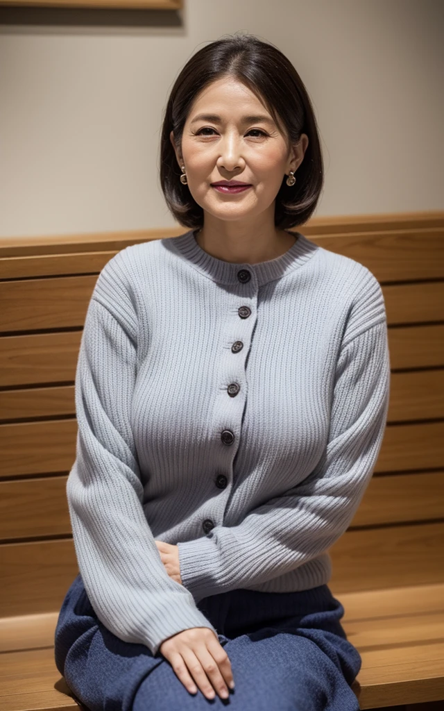 60 year old woman、(((facial wrinkles:1.2)))、beautiful woman、smile、spread legs、cute clothes,