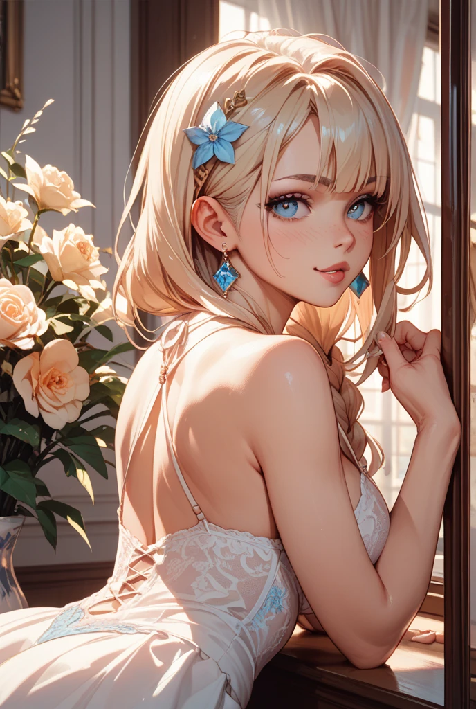(​masterpiece),(top-quality:1.2),1girl in,(masuter piece:1.3),exquisitedetails, Highest quality 8K resolution, Ultra-detailed, Realistic, Vibrant colors, Soft tones, With warm and gentle lighting,(Smooth straight blonde hair:1.2),(Hair parted in the middle:1.3),(Glowing hair),(Dark blue eyes:1.3),White skin, hair clips,Small necklace,A gentle feeling overflows,The sun's rays illuminate joy and pure love, Warm golden glow,The atmosphere is full of happiness and laughter, As if celebrating love,Ultra-detailed depiction and vivid colors,A style that combines romanticism and realism,depth of love,color palettes,Create an ethereal atmosphere like a dream,Lighting is soft and diffused,masterpiece artwork,