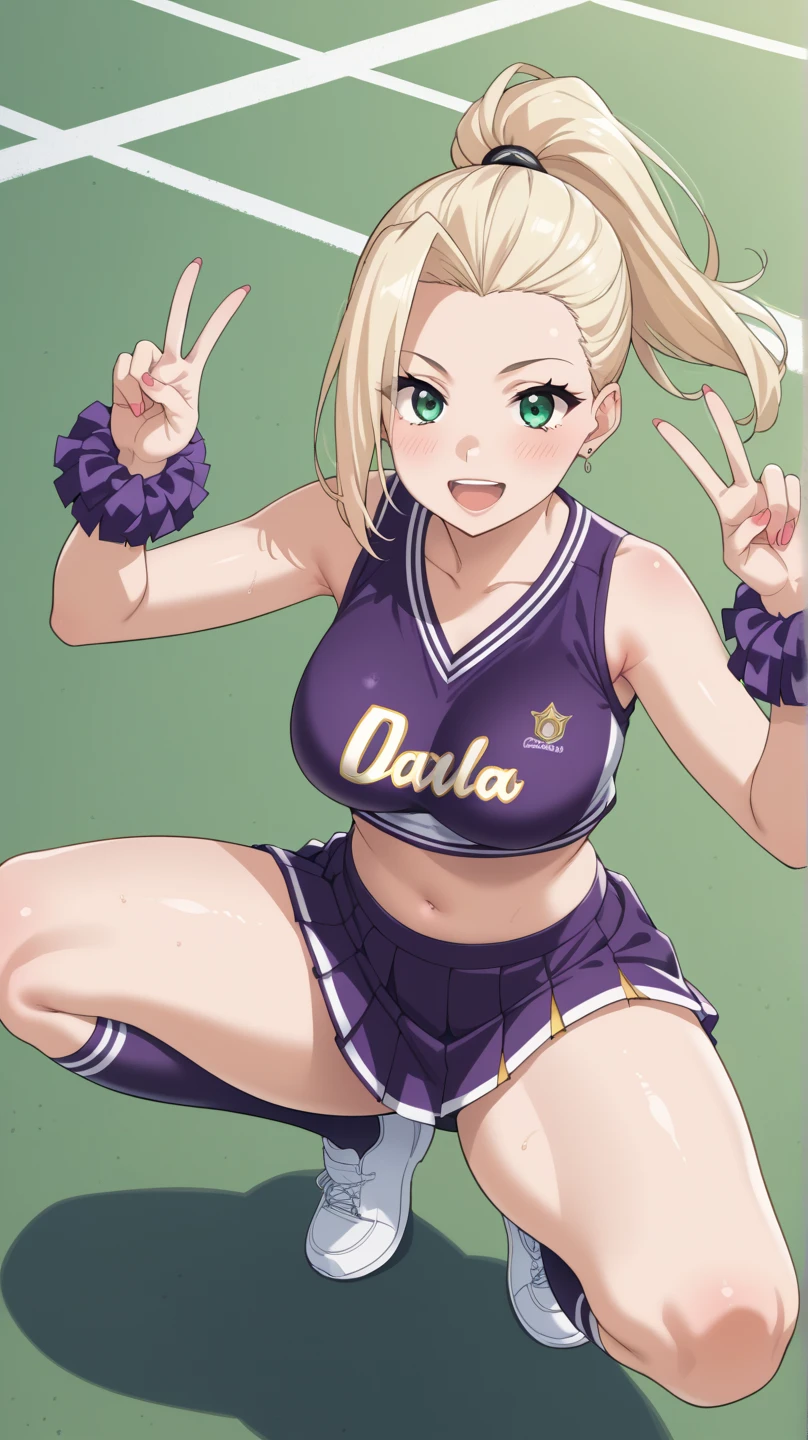 1 girl, (Cartoon:1.3), detailed eyes, looking at the viewer with white hair, green eyes, confident expression, purple crop top, purple skirt, white panties, Cheerleader, Pale skin, Thin eyebrows,