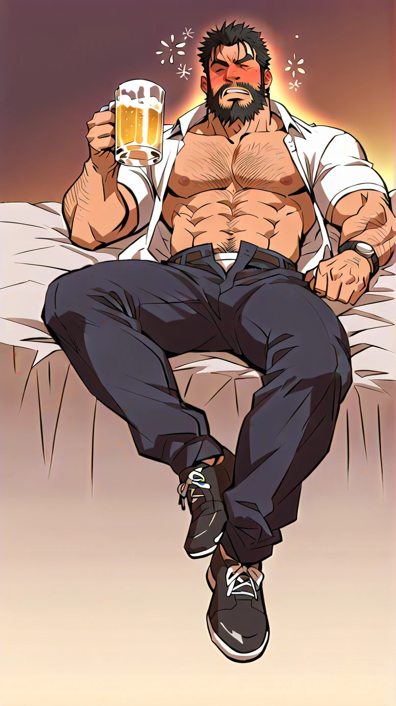 Man comes home from work tired and sweaty, He takes off his shirt and sits on the couch panting while putting his stinky, sweaty feet on the table without a belt, revealing hair sticking out of him while his hands are behind his head, exposing her sweaty and stinky armpits. hairy sweaty black hair robust muscular a little tanned black pants shirtless hair on his chest protruding from his member also long hair on his legs veins on his hands and feet hair on his armpits stinky and sweaty face of relaxation and excitement short black hair macho man alpha