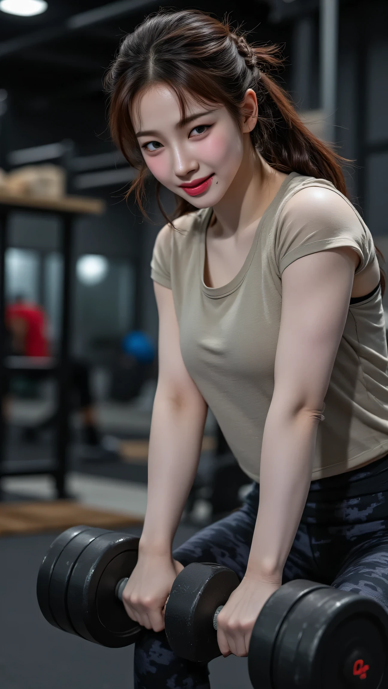 8k, Masterpiece, Top Quality, beautiful Korean woman, clear skin, secure French braid, loose band t-shirt, knotted in back, dark patterned leggings, mid-dumbbell row, muscles engaged subtly, focused powerful expression, gritting teeth slightly with effort, sheen of perspiration on clear skin, slightly gritty focused lighting, highlighting muscle definition, CrossFit box gym setting, weights, racks, medium shot.