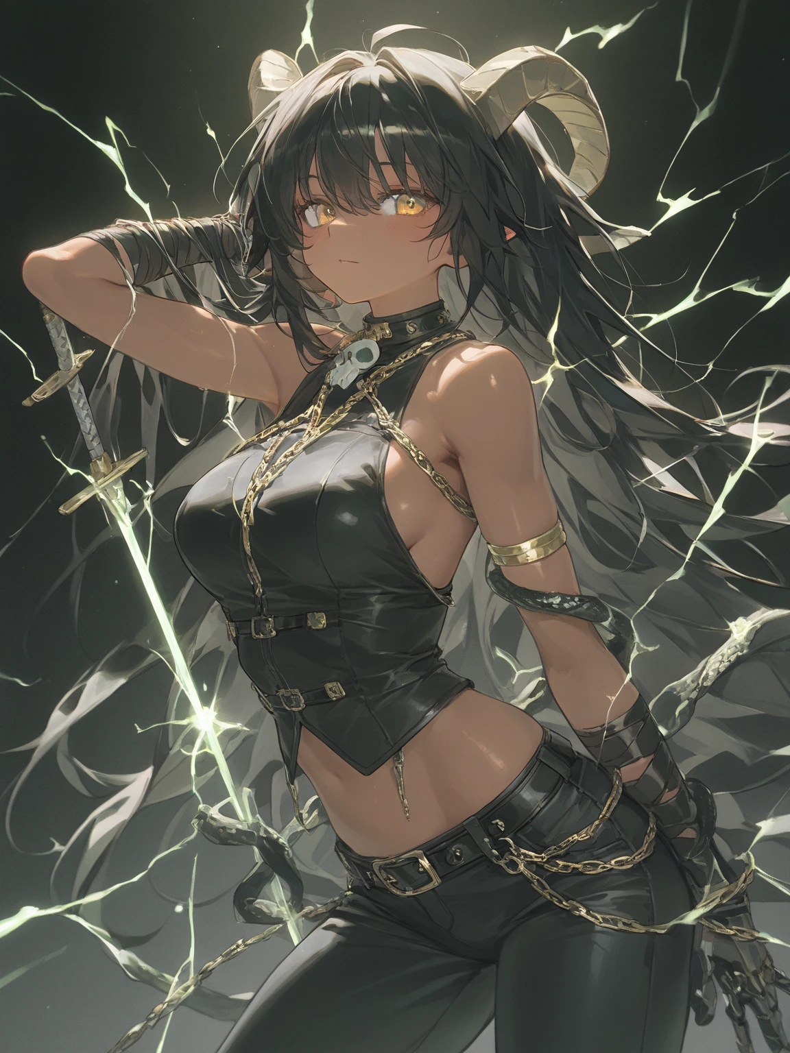 Black blade sword, with golden details in the shape of snakes running along the entire blade, with an organic cable, and a spirit of a woman coming out of the sword and crying tears with souls inside them.