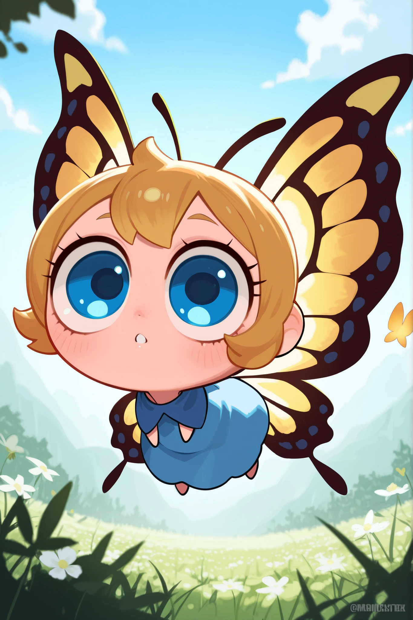 in our photo there is a butterfly with wings, with a big fairy tale look and big eyes.