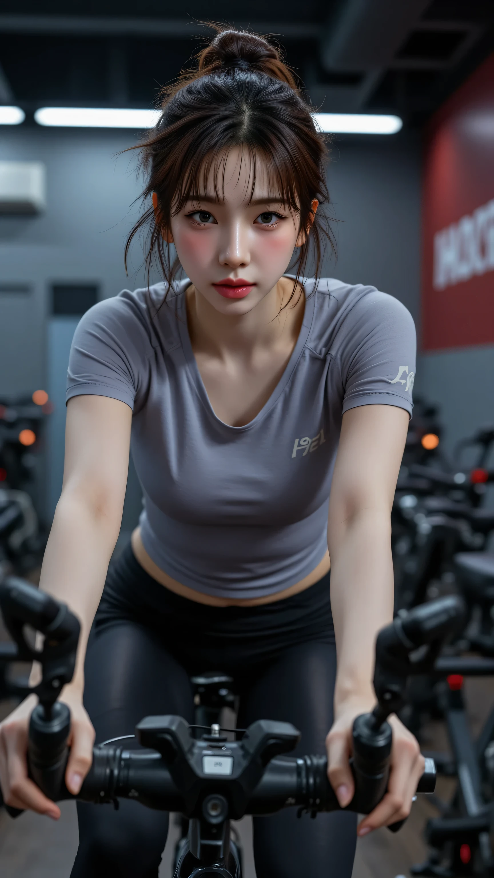 8k, Masterpiece, Top Quality, beautiful Korean woman, clear skin, secure low bun, loose-fitting performance t-shirt, sleek cycling leggings, leaning forward over handlebars of stationary bike, pedaling furiously, intense effort and focus on face, sweat dripping, eyes fixed ahead, modern indoor cycling studio setting, rows of bikes blurred, motivational words on wall, bright focused light on her, moody ambient studio lighting, medium shot.