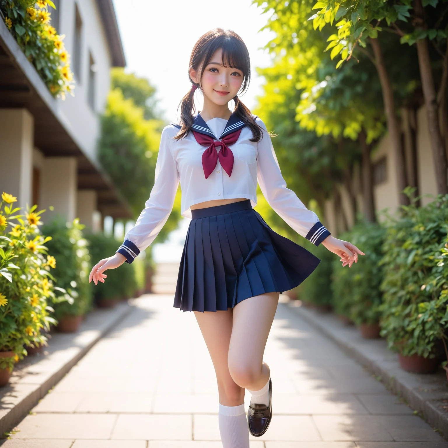 robber girl , 12 years old , smile, eyes are brown, table top, highest quality,(get used to it),(naked),girly running,school zone, Navel exposure , (服を脱いでchest comes out)、(chest comes out),(nipple)、(areola)、(Half-dressed sailor suit) 、on the way to school, (thin:1),Japanese, small breasts, sexual, the wind is blowing, Sky blue seaside,bright sunshine、Big eyes、twin tails、short hair、挑発するsmile、Evil smile,