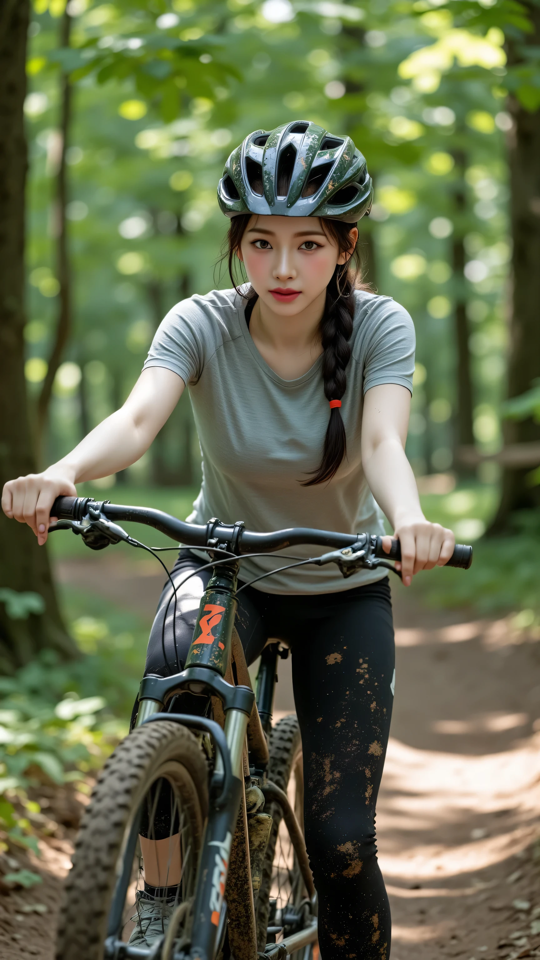 8k, Masterpiece, Top Quality, beautiful Korean woman, clear skin, low secure braided ponytail visible under helmet, helmet on, loose moisture-wicking t-shirt, padded cycling leggings, actively pedaling mountain bike on forest trail, navigating a turn, focused adventurous passionate expression, slightly muddy, dappled sunlight through trees, dirt path, dynamic action shot.