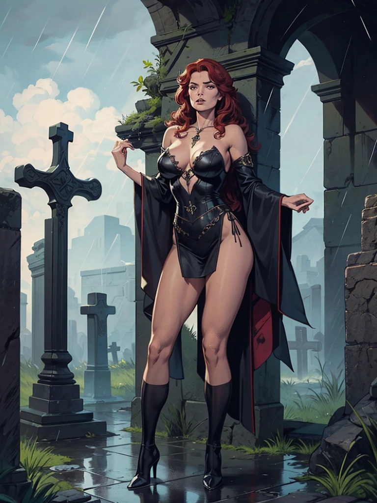 In a graveyard in front of a tombstone, a decomposing beautiful nude woman crawls out of the grave, Crawling towards the viewer. A spectral being draped in flowing iridescent mists. Zombie bride, round breasts,nipples,; lightning,thunder storm, fog, full blood moon,; comic art style, dramatic lighting, moody, angry stare towards viewer, arching her back, raising her butt