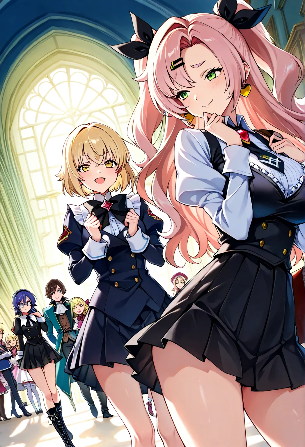 High-resolution images, 8K quality, Perfectly crafted details, (((Perfectly detailed illustrations))), 3D Anime Style, Facing the audience, Front view, Side view, Back view, (((*Notice*))), ( ((same characters))), (((Same clothes))), Character design sheet. Under the skirt.1 Girl, alone, The most beautiful girl in the world, (((Mature Woman))), (((whole body))). Medium Hair, Blonde, Medium chest. (((Perfect and exquisite face))), (((Extremely exaggerated puffy cheeks))), (((非常に誇張したmouthを尖らせる))), mouth, Fuller lips, closed mouth, blush. An eye for perfect detail, Are crying, Almond Eyes, Aquamarine Eyes, tears. dress, white and green dress, Skirt Lift. Pink jacket, Open jacket, Puff sleeves, Long sleeve, Food. Are standing, Spread your legs, wide thighs, Medium Hips. White Pantyhose, White micro panties, Black high heels.