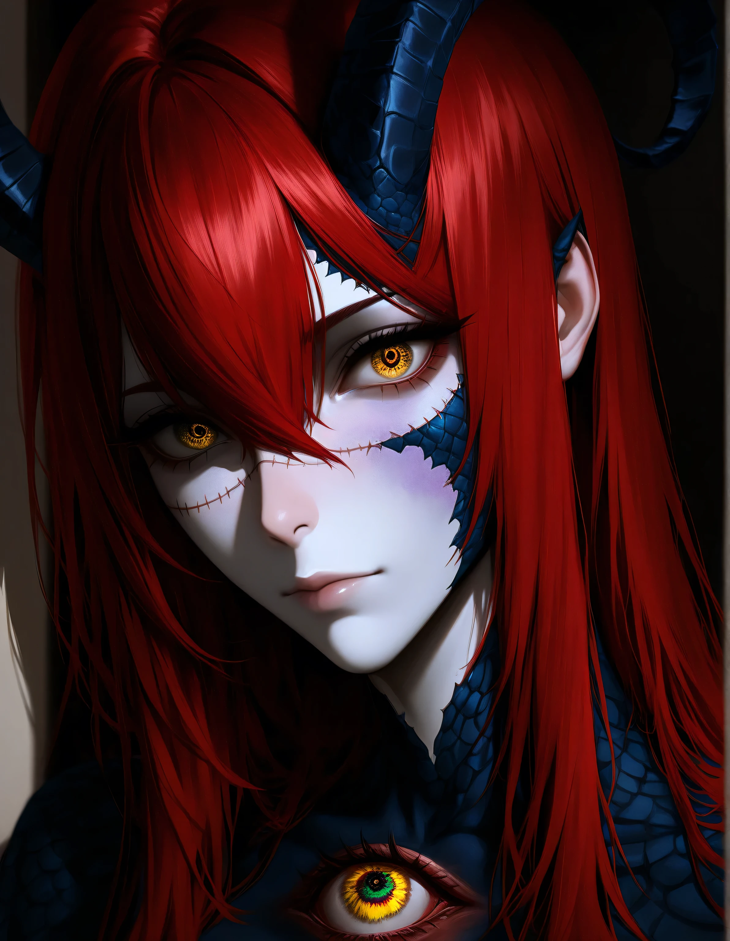 horror creature, inhuman, horns, scales, long hair, huge body, scars, stitches, pale skin, sick, eyebags, colorful eyes, multiple eyeballs on skin, dark, masterpiece, best quality, high quality, best resolution, 8k, newest,(semi_realistic_art_style, unique_horror_aesthetic, creative_design, detailed_shading, thick_outlines, detailed_shadows, midjourney_art_style, unsettling_vibes, detailed_art),(semi_realistic_art_style, pseudo_realism, thick_coating, crayon_sketch, detailed_shading, thick_outlines), sketch, pretty color, nice contrast, in drawing, 1 woman, golden eyes , very long hair , long sidelocks, red hair , petite , very cute , beautiful ,Straight hair, cool, handsome, hair between eyes, mediumlarge breast,