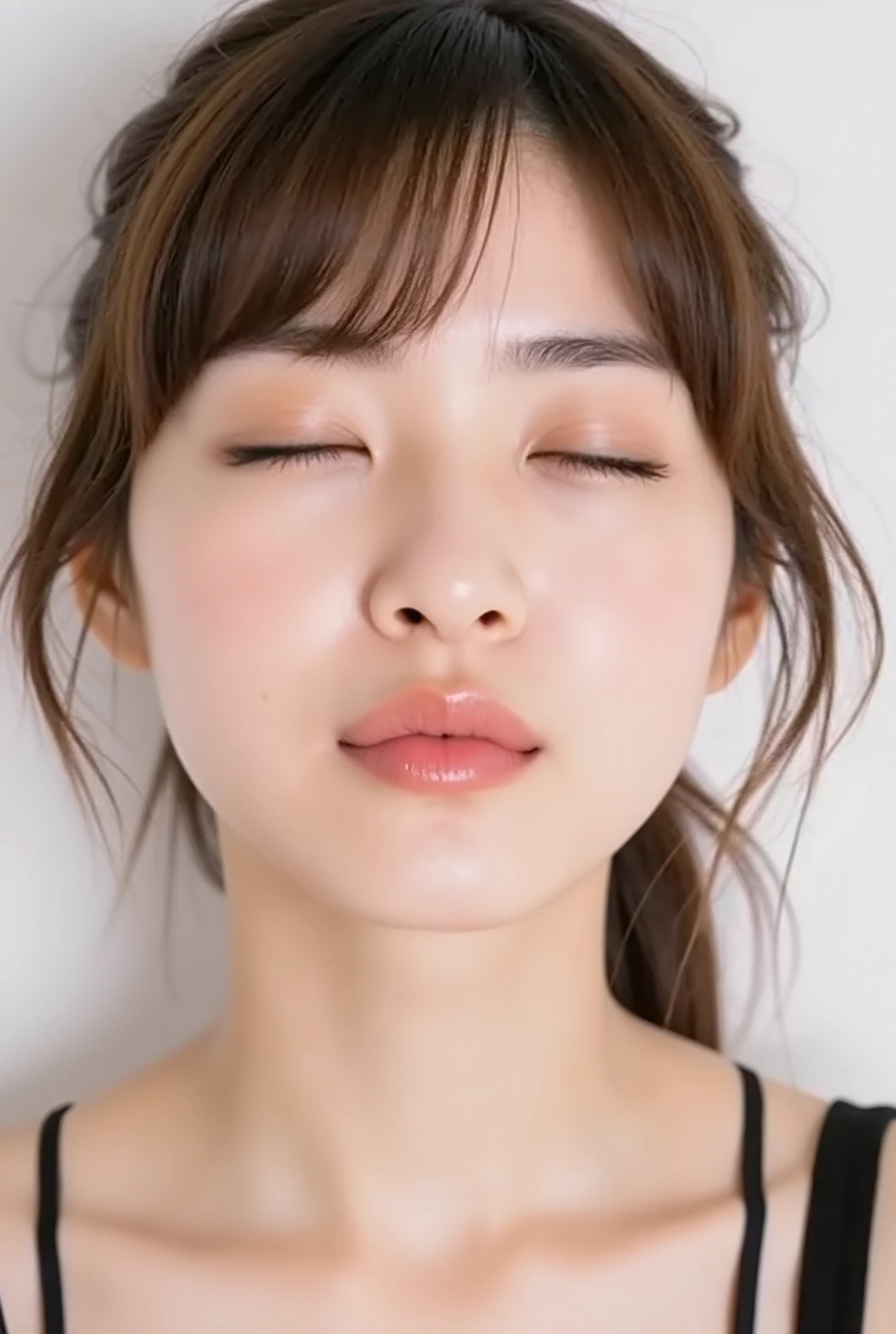 ultra-detailed close-up of a beautiful girl, collarbone-up composition, white studio background, soft natural lighting, slightly elevated front camera angle (around 35-60 degrees), full face and head visible in frame, chin gently lifted as if reaching up, head slightly tilted for cuteness, hands behind back and not visible, black camisole strap visible, soft innocent charm, longing and dere-dere expression, blissful and euphoric smile with flushed cheeks and ears, dreamy and adorable aura, eyes gently closed or nearly closed with soft lashes, expression overflowing with affection and dazed joy
extremely puckered lips forming a tight rounded "O" shape, strongly pursed lips protruding forward, circular and centered kiss-mouth, shimmering glossy lips with wet highlights, lips reflecting light with moist texture, hyperfocus on lips with soft depth-of-field blur around face contour to draw attention, slightly parted mouth (optional) to hint at tongue, but lips retain the tight circular shape
realistic natural skin texture with visible peach fuzz and matte softness, no visible makeup, subtle facial pores and skin microdetails, romantic soft glow
intense feeling of affectionate anticipation, cute and bashful yet deeply inviting kiss pose, soft warm atmosphere
