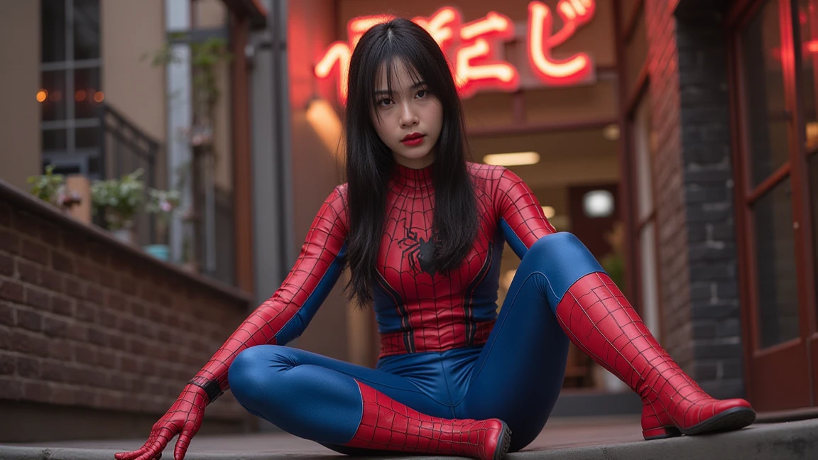 Beautiful young woman defines body details using Spiderman cosplay, Small breasts, hoodie, clear picture 4K