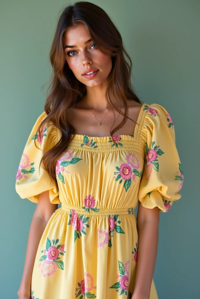 head-to-toe image of a tanned young woman, light hair, honey eyes, tanned skin, wavy, shoulder-length bob hairstyle: 0.6, (bring in the dynamic style of the 23-year-old model, for the first photo in a photo shoot by Cassandra Ladru, with stylish and creative clothes, rocking the artist's style with creative prints and clothes in varied colors, paints a scenario that resonates with the "Natural and Boho and Sensual" aesthetic, creating a photograph that perfectly matches the fashion elegance of the model with Cassandra Ladru's distinct vibe). The combination of prints and varied outfits emphasizes your natural beauty and exudes an irresistible appeal. hourglass body, large breasts: 0.6, thick thighs, wavy bob hair, high heels, red makeup and nails, eye shadow, realistic hands. Woman with slightly generous curves. 100dd breast size.cleavage.