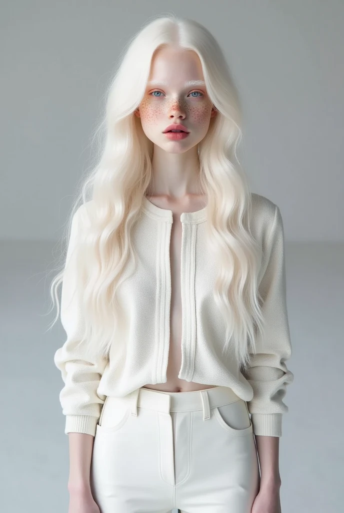 realistic, photo, albino, pale skin, white hair, sexy elegant (skinny :1.5)18 year old girl in white bodysuit and white coat, medium breasts, tiktok, beautiful, instagram, peter lindbergh, atmoshpere