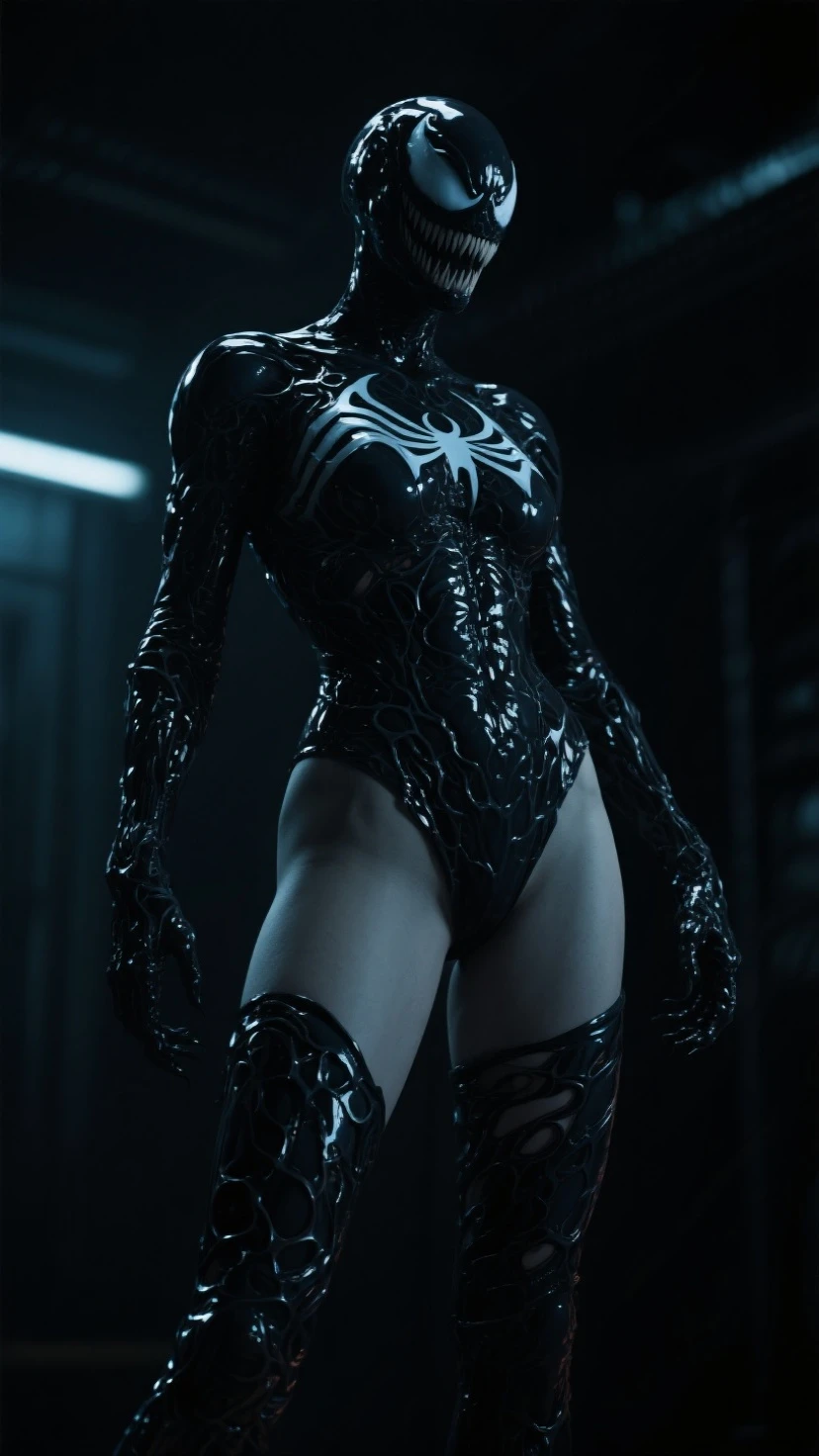 Obra-prima, 8k, realista, good ilumination, (((Scarlett Johansson garota de 28 anos, terno preto do homem aranha venom com aranha branca no peito, loira))), cabelo comprido e sem corte, rosto bonito, chuva, telhado, obra-prima, detalhes trincados, anatomia perfeita, dinamic pose, pose de aranha