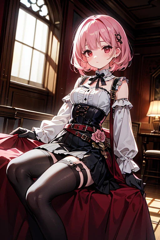Bonfire, Red eyes ,lipstick, Blue eyeshadow, One Girl, alone, , Earrings ,Show Viewer, blush, , long white elbow satin gloves, , nurse's uniform, jewelry, very, A kind smile, Long white elbow gloves, White gloves, 、whole body、Muscles of a man、sexy、Knee-high socks、Spread your legs。