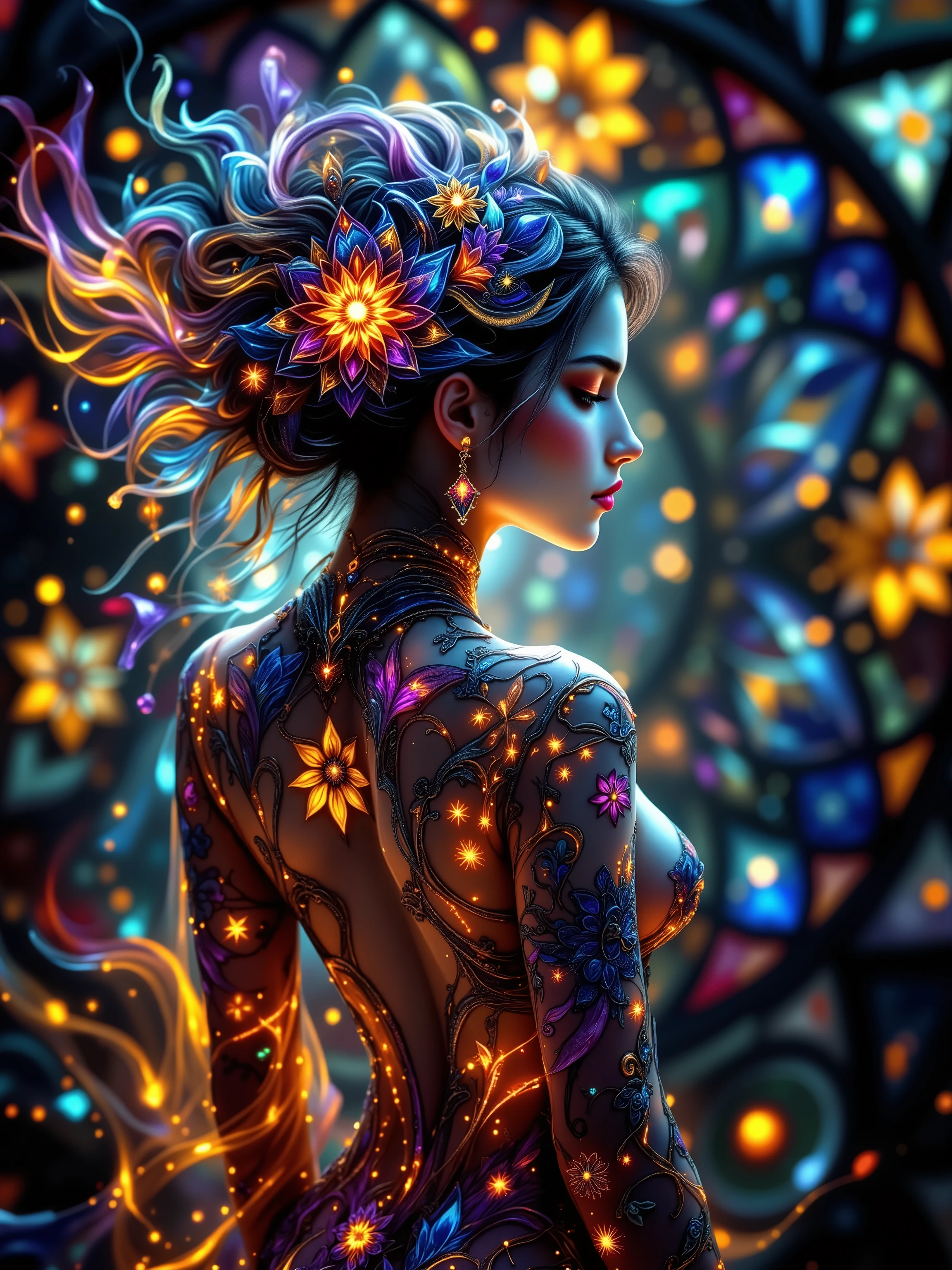 masterpiece, top quality, 8k, (((very fine))), very intricate pattern, colorful patterns, stained glass background, transparent body, mandala, light up, 1 female, open back, photo realistic, sensual body and sexy body,