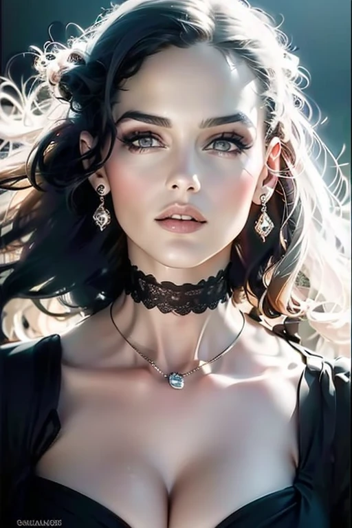 filmposter,hyper HD,A high resolution,A succubus with the face of Emily Rudd: Dua Lipa, Sensual posture, (bust:1.8) concept-art, dark fantasy background, abstract beauty, the ultra-detailed, brome style