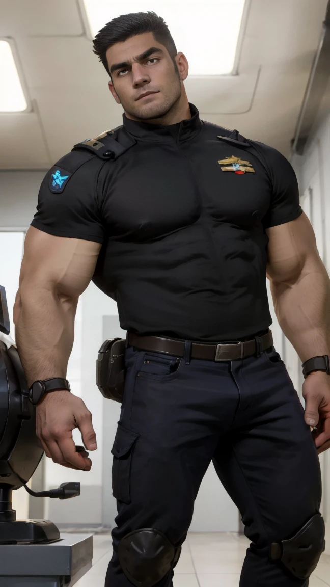SFW version、(wearing military uniform:1.4)、Open your clothes、(Piercing on the nipples:1.2)、absurderes, hight resolution, Solo Male, Yaoi, Stubble,clothes down, matured male, beefy,thick eyebrow, Male Focus, designed beard、(breast closeup:1.3), Detailed body,Ultra-detailed eyes,hyperdetailed face,drooing eyes、(harness on:1.1)、(All Back Hair:1.2)、(Very short hair:1.2),(Rugged look:1.2),(Diagonally downward:1.2)、blushed face、Perfect litthing,
