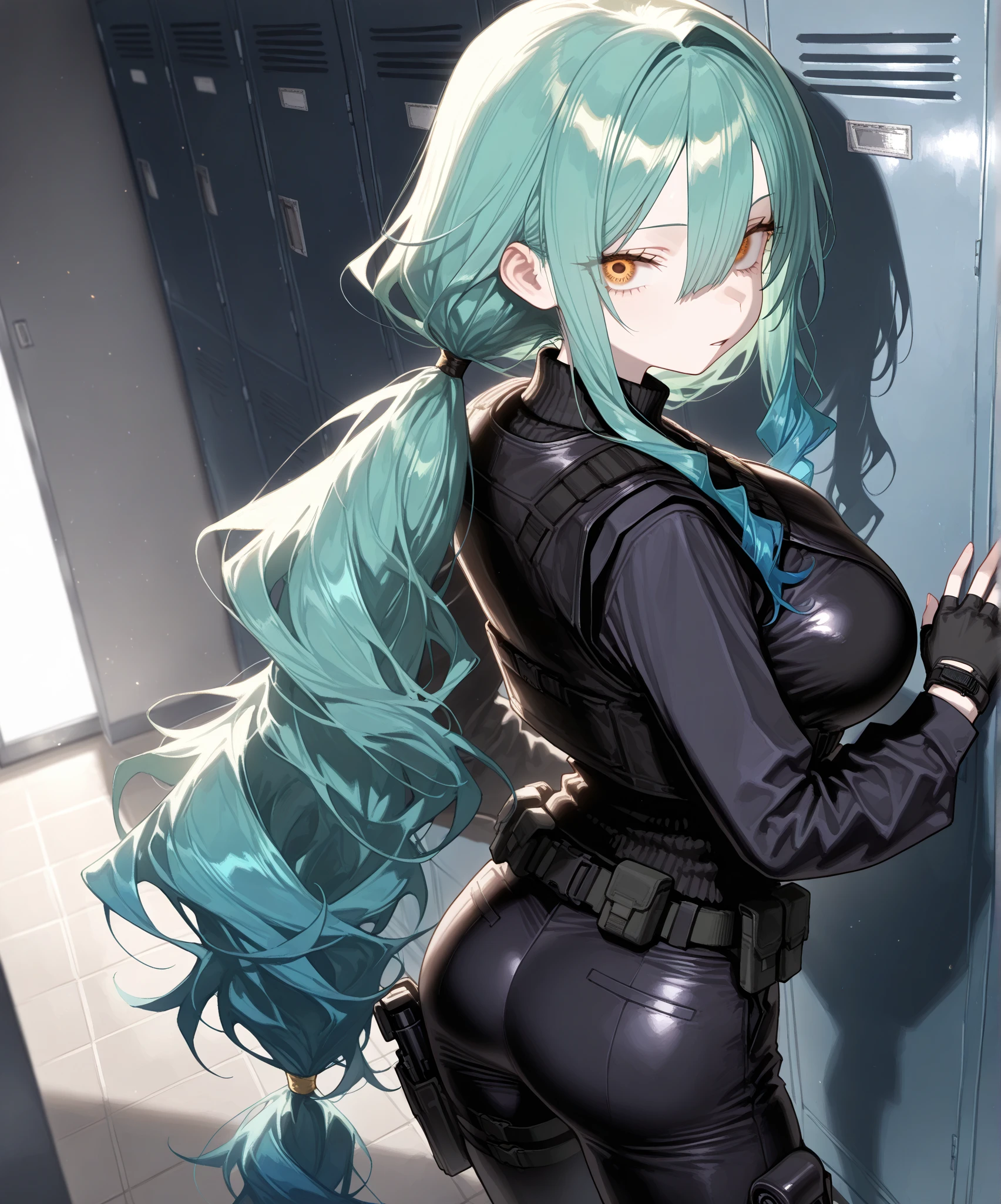 photo portrait, Beautiful figure, sharp ears, elf ears, white colored hair, Lucy from the anime series Cyberpunk Edge Runner, Erotica, Nudie, half naked, a 1girl, facing the viewer, Beautiful figure (Proper Anatopy 1.1.), in full height (Body Full 1.1), Slim, Slender figure, Slender figure, shapely legs, leather pants, Anime style, white colored hair, white colored hair, that disappear at the ends, Bob hairstyle, short white jacket, tight black suit, Cutouts on the shoulders, Cutouts on the chest, Skinny black leather pants, Very detailed face, Very beautiful face, Very sexy ass, in full height (Body Full 1.1), Tall android girl, small elastic breasts, Little ass, Hair is gathered in a braid, Beautiful slim figure, small buttocks, A braid around the head, Round braid, Red Star in the Forehead, Short Brown Jacket, black tight suit, darkly，gris & Dark Style：1.1), Light, femininity，tmasterpiece，beste-Qualit，higly detailed，Visible to the feet， 8K resolution， High Sharp， 8K resolution， higly detailed， 8K UHD， Professional lighting， Photon mapping，physical based rendering， a perfect face， detailed face and body， ray traced， expressive look， Cinmatic Lighting，elastic small breasts, Heightened sexuality，