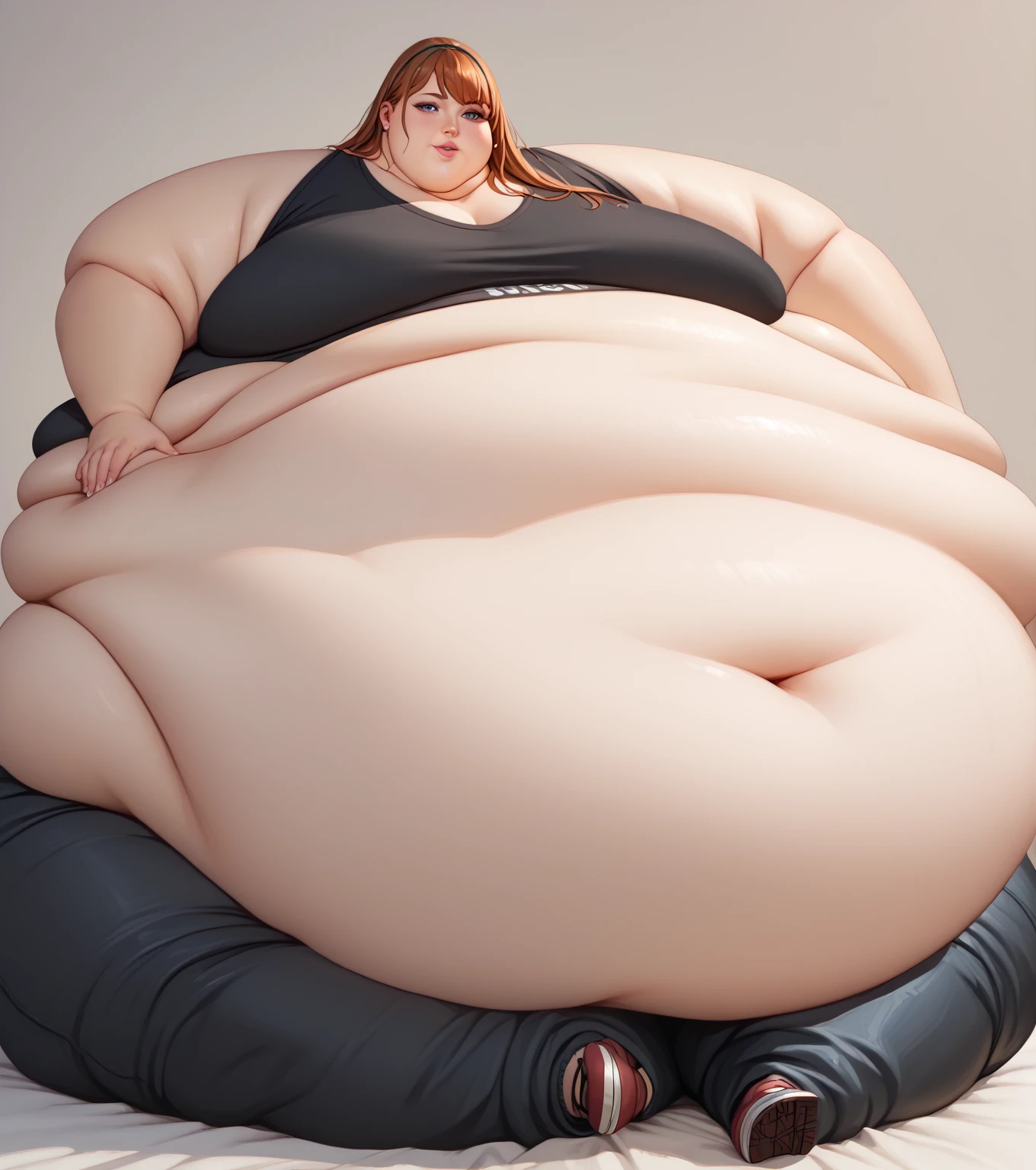 A Gamer photo of a young beautiful bottom heavy Gamer redhead ssbbw with pear-bodyhape, extreme wide hips, with long ginger hair soft fat belly, extremely wide fat obese hips, very obese legs, thick fat wide legs and fat arms, huge wide butt, cute pretty face, fat saggy breasts, in comfortable gamer clothes, Wearing a headphone on her head, sitting on a couch playing videogames, there is a pizza and a lot of snacks next to her on the couch, in a modern living room in the evening