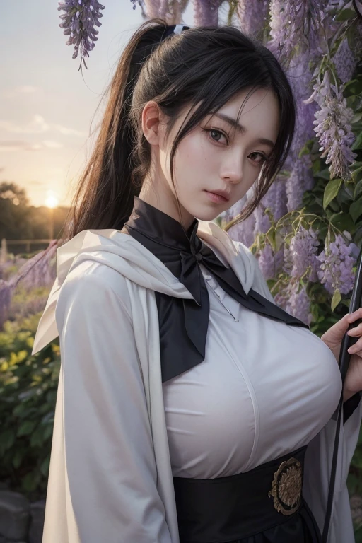 Top quality, 8k, 32k, Masterpiece, photorealistic, realistic, (photorealistic:1,4), solo, slight smile, dramatic lighting, professional makeup, breasts, (natural big breasts: 1.3), (seductive), beautiful white face shining, beautiful face, pink cheeks, beautiful lips, porcelain skin, detail intricate, super detailed, super high, highest detailed, high detailed, delicate, incredible detailed, fine detailed, cinematic lighting, top quality, smooth and beautiful, CG, unity, 8k wallpaper, Stunning, fine detail, unity CG wallpaper 8k ultra-detailed, large file size, ultra-detailed, high resolution, incredible detail, stunning detail, depth of field, kanaotsuyuri, kanao tsuyuri, black hair, butterfly, butterfly hair ornament, (purple eyes:1.1), side ponytail, ponytail,
BREAK black skirt, cape, demon slayer uniform, long sleeves, pleated skirt, skirt, white cape,
BREAK looking at viewer,