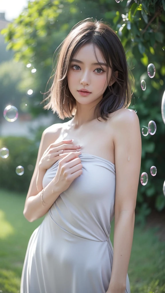 (masutepiece), (Best Quality), (Ultra-detail),(disheveled hair), (1girl in), (Fashionable clothing), Standing, Fashion Model, Looking at Viewer, (interview), (Simple background),Beautiful detailed eyes, Delicate beautiful face, floating,(High color saturation),(Colorful splashes),colorful bubble,(Shining), Focus on Face, Ponytail,Kim Chaewon, Light pink hair, bangs, hair rings, Floating flowers, Floating hairs, (Shining), The best lighting, Best Shadow,Smallest bust,