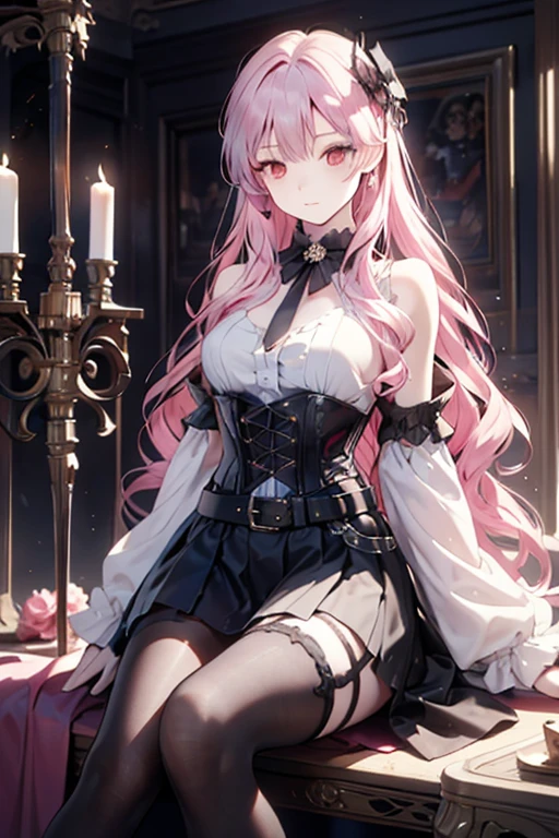 masterpiece, best quality, highres, 1girl, horns,(theresahead), (red eyes), (crying), white dress solo, shoulder armor, dress, very long hair, thigh strap, white dress, (holding big sword), (wearing steel greaves), (wearing steel gauntlets), (wearing chest plate), cleavage, pauldrons, white thighhighs, medium breasts, bangs, detached sleeves, elegantly sit on the chair, smiling, holding a cup of tea