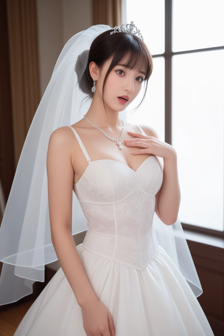 masutepiece, Best Quality, Illustration, Ultra-detailed, finely detail, hight resolution, 8K Wallpaper, Perfect dynamic composition, Beautiful detailed eyes , chapel, Sexy face,weddingdress,bride,Shoot so that the whole body is captured away from the camera,beauty legs