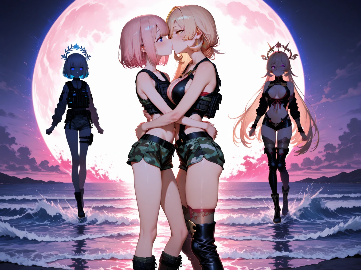 masterpiece, best quality, ultra-detailed, illustration,, hanekawashorthair, 1girl, full body, , black eyes,pink hair,, pink two piece bikini,, detailed background, mksts style, beach, sunset, curved hips , slim waist, shiny legs ,