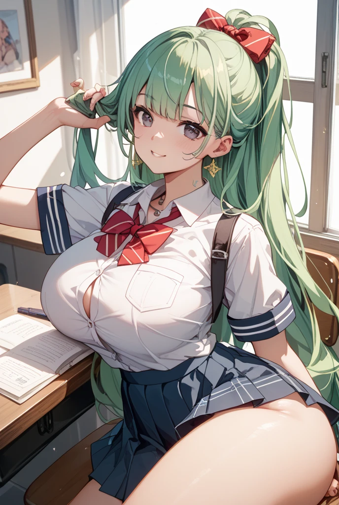 masterpiece, highest quality, Super detailed, 1 girl, Mion Sonozaki, green hair, green eyes, ponytail, smile、blush、open your mouth、white shirt,The chest is open、I can see your chest、I can see your bra、thighs、full body shot、Beautiful bra、cute panties、classroom
