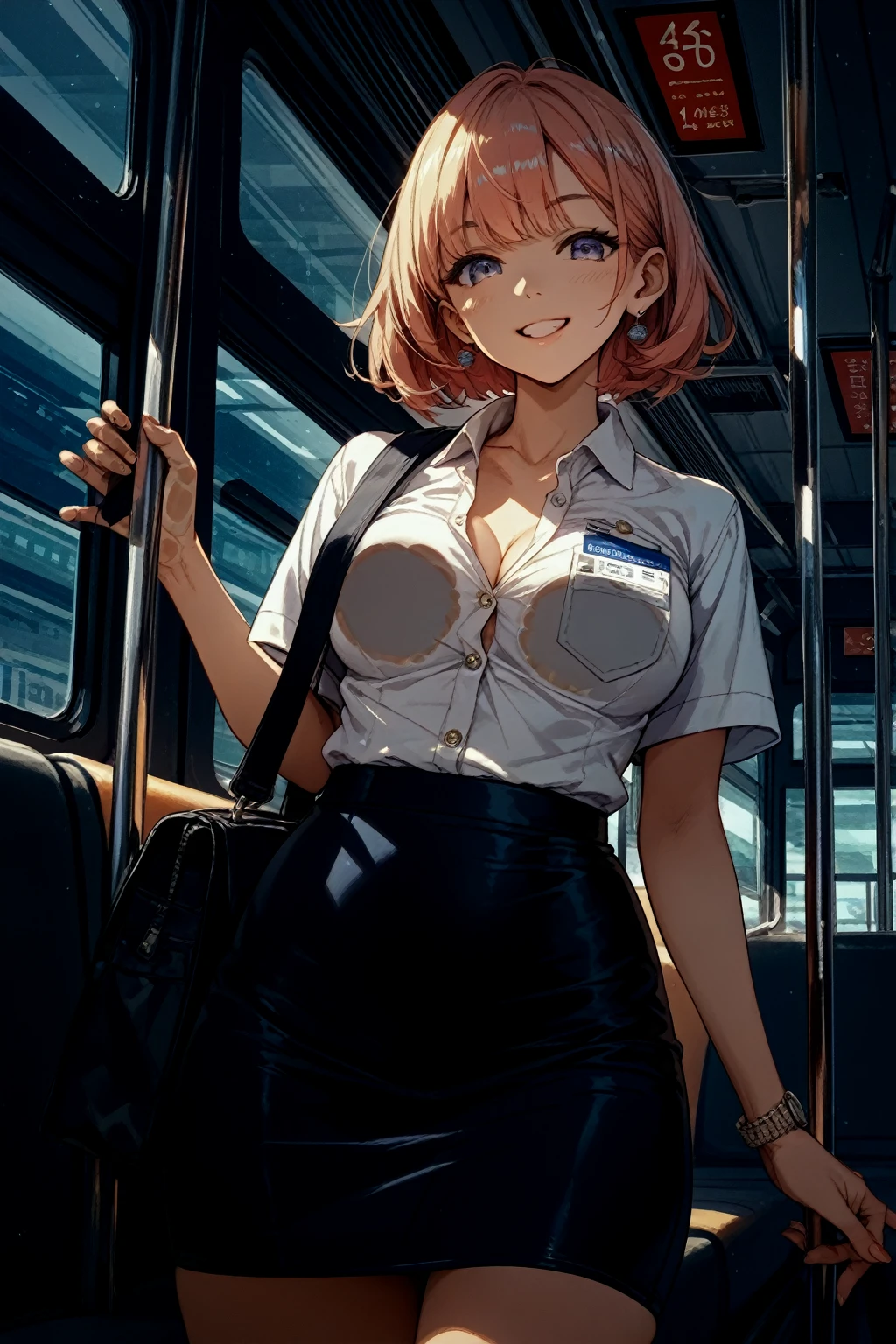 (8k、Best image quality、highest quality、masterpiece)、Detailed face、One girl、gyaru、Blonde、short hair、Grey Eyes、evil smile、((Grin))、Moderate breasts、((white shirt))、cleavage、((Black pleated skirt))、Cowboy Shot、Background inside the train