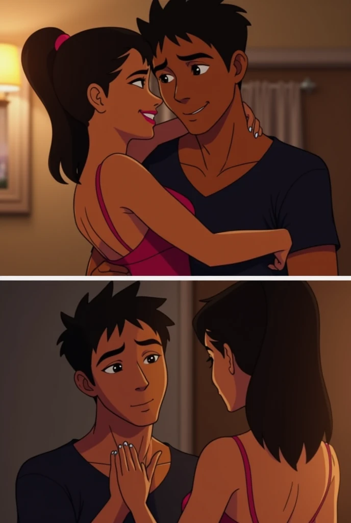 Hdr, masterpiece,4K, ray tracing, best quality, 1boy, 1girl, steven quartz universe, connie maheswaran,  face to face,enamored couple, passionate sensuality, nightclub background, erotic dancing, couple focused,  couple dancing together, highly-detailed animation, beautiful aesthetic, detailed smooth textures, motion lines,  incredible absurdres,  sharp gradients, deep highlights,  unreal engine,  incredibly detailed,  dynamic lighting, carnality,
dynamic perspective,  dynamism, brilliant shading, sensual  shadowing,  sensuous atmosphere,  intricate fabric details, amazing skin, perfect hands, perfect, perfect eyes,  steven quartz universe, age 23, fat man, handsome, wavy black hair, strongman waist, deep brown eyes, round face,  urban masculine rave outfit, connie maheswaran,  age 22, salacious rave girl, blue fire decal urban  rave minidress,  perfect square physique,  beautiful detailed black eyes, flowing, shining, wavy black hair, toned,  wide hips, firm chest, hypnotic hips, salaciously smiling, looking over shoulder