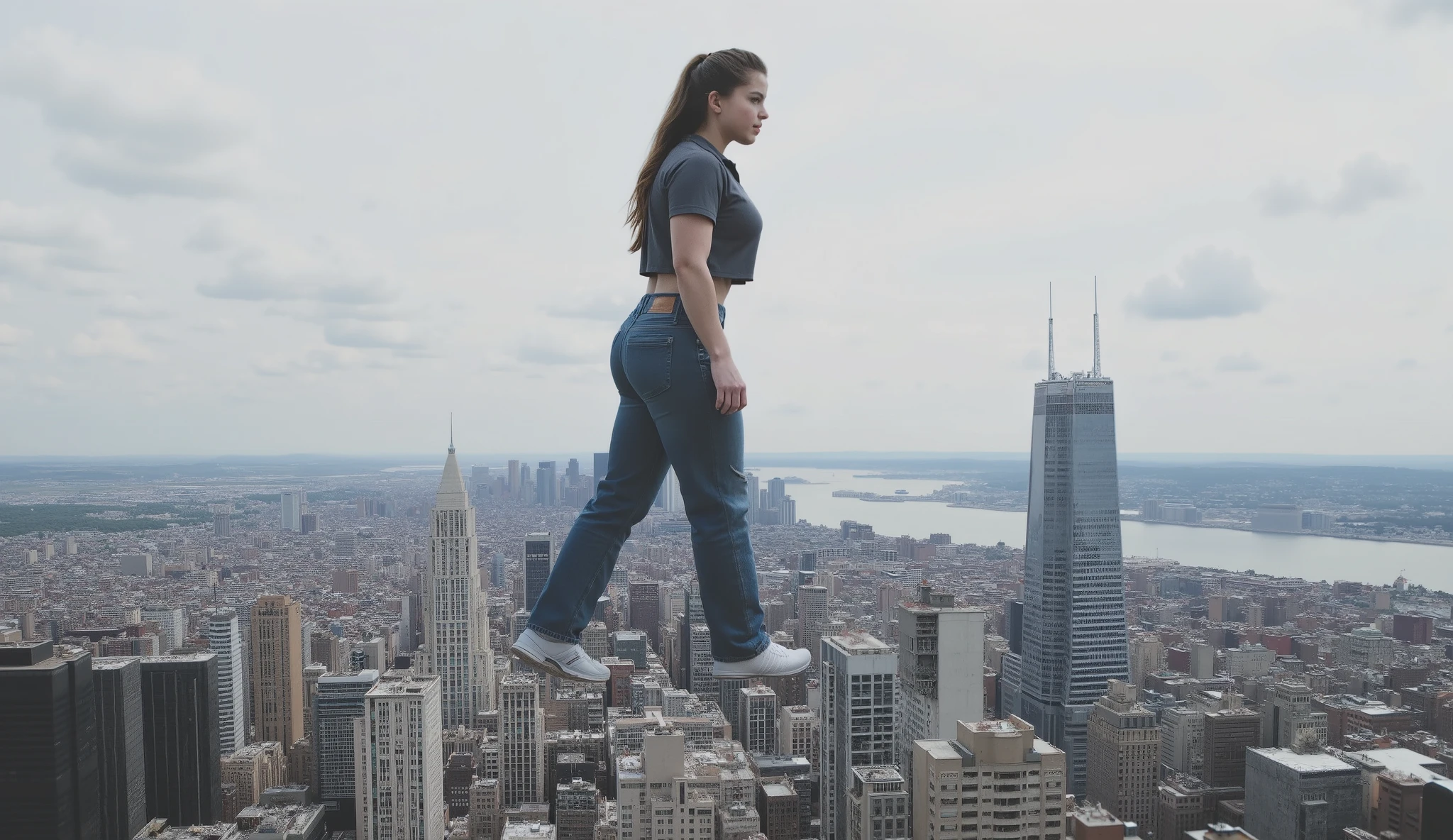 20 years old fitness girl, dressed in short sleeve crop polo top and long blue jeans and athletic shoes, masterpiece, best quality, 4K, 8K, long hair, she walks over city, giantess, GTS, view from side of her, crushing building under her shoes, destruction, she is 999999 meters tall, giga giantess, crushing buildings, bending over grabbing skyscraper in hand crushing it in her grip