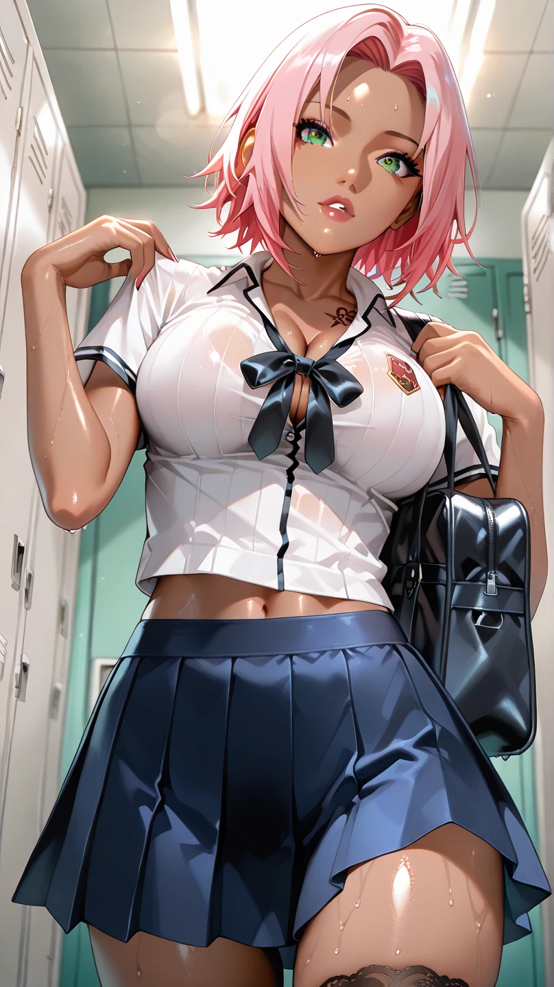 ((Highest quality, 8k, masterpiece :1.3)), (Sharp focus :1.2, Beautiful woman with perfect figure :1.4, Slim Abs), ((Big Breasts, Emphasize cleavage:1.2)), (Photorealistic:1.4), (realistic:1.4), (Pink Hair:1.5), Highly detailed face and skin texture, Fine grain, double eyelid. Makeup face, A little bit of lipstick, sex appeal, Sexy gravure pose, ((A high school girl in uniform、Playing table tennis in the club room。She put one foot on the ping pong table、A concentrated expression。Posters and table tennis balls are scattered around the clubroom background.。The white wristband is an accessory.。:1.3))